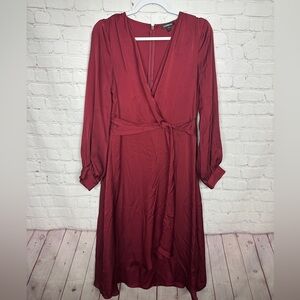 Express faux wrap‎ red Satin long sleeve v-neck midi dress sz M GUC